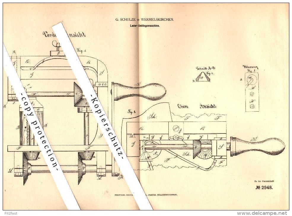 Original Patent - G. Schulze In Wermelskirchen , 1878 , Leder-Umbiegemaschine !!! - Wermelskirchen