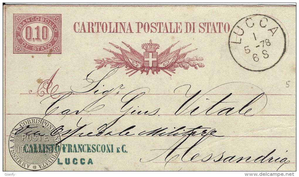 INTERO REGNO SERVIZIO DI STATO 10 C 1878 LUCCA X ALESSANDRIA OSPEDALE MILITARE - Entero Postal