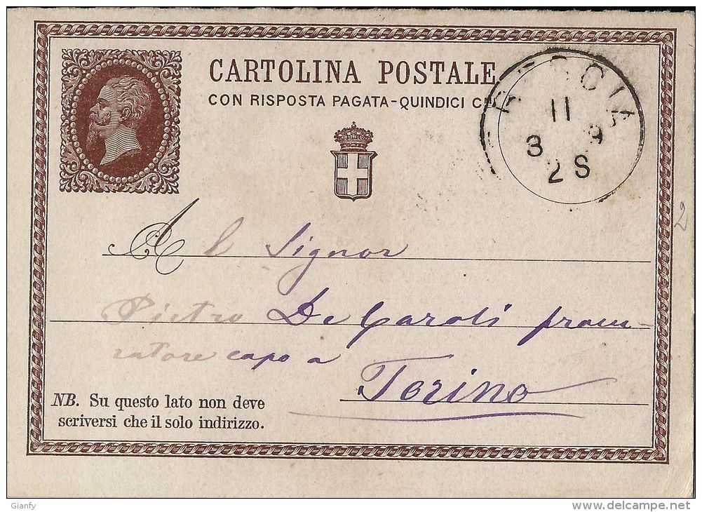 INTERO REGNO VITTORIO EMANUELE II 15+R C 1879 DOMANDA BRESCIA X TORINO - Postwaardestukken