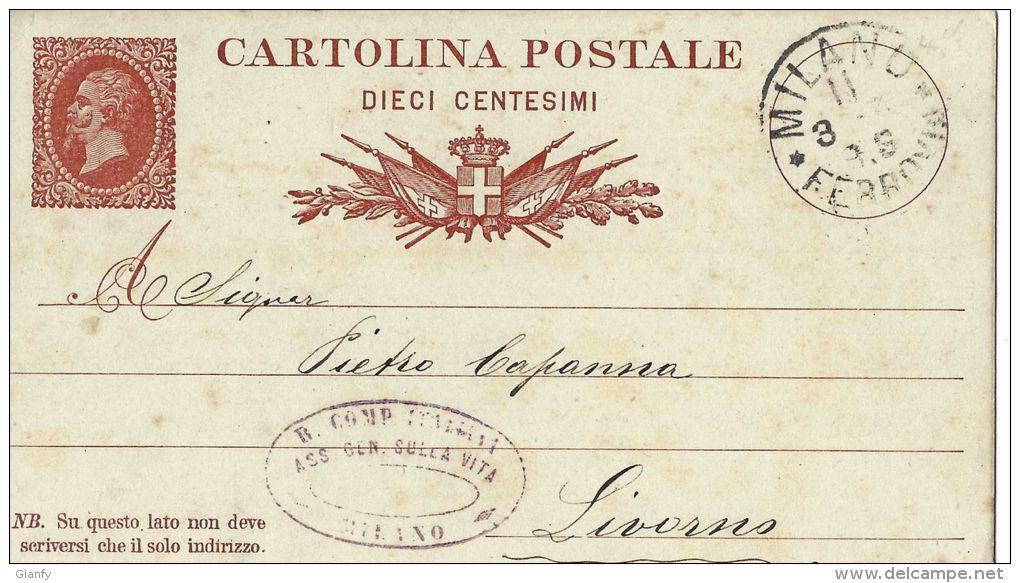 INTERO REGNO VITTORIO EMANUELE II EFFIGE REALE 10 CENT 1879 MILANO X LIVORNO - Stamped Stationery