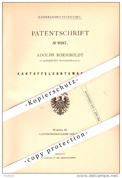 Original Patent - Adolph Bornholdt In Glückstadt , 1879 , Kartoffel-Erntemaschine , Landwirtschaft , Agrar !!! - Glückstadt