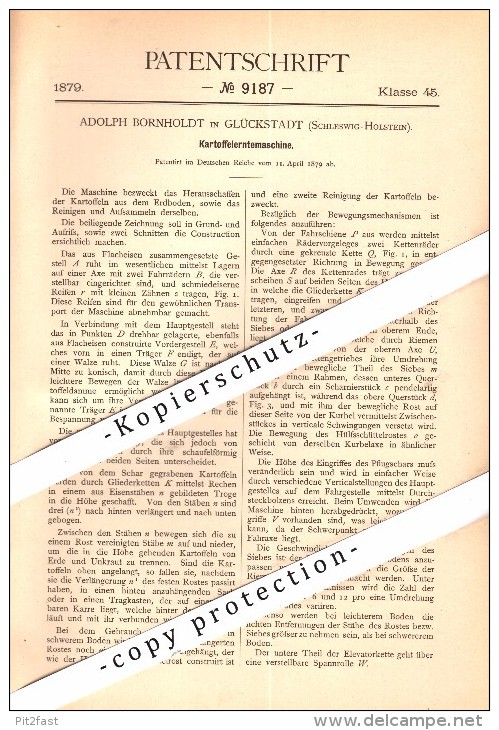 Original Patent - Adolph Bornholdt In Glückstadt , 1879 , Kartoffel-Erntemaschine , Landwirtschaft , Agrar !!! - Glückstadt