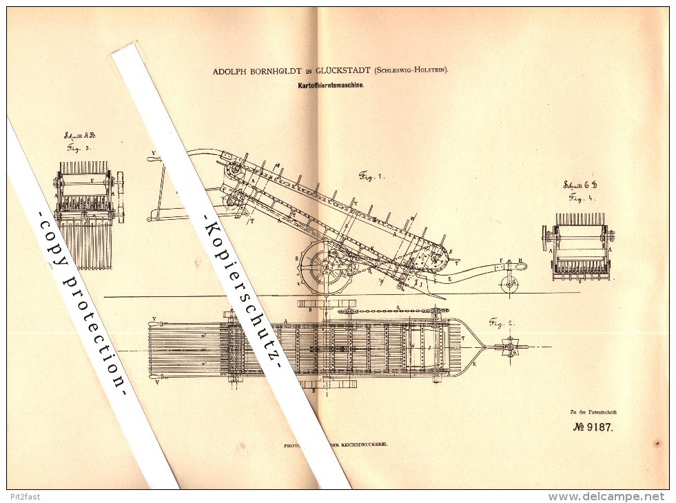 Original Patent - Adolph Bornholdt In Glückstadt , 1879 , Kartoffel-Erntemaschine , Landwirtschaft , Agrar !!! - Glückstadt