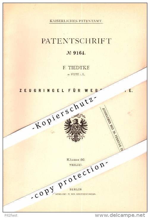 Original Patent - F. Tiedtke In Peitz I.L. , 1879 , Zeugringel Für Webschäfte , Weberei , Webstuhl !!! - Peitz