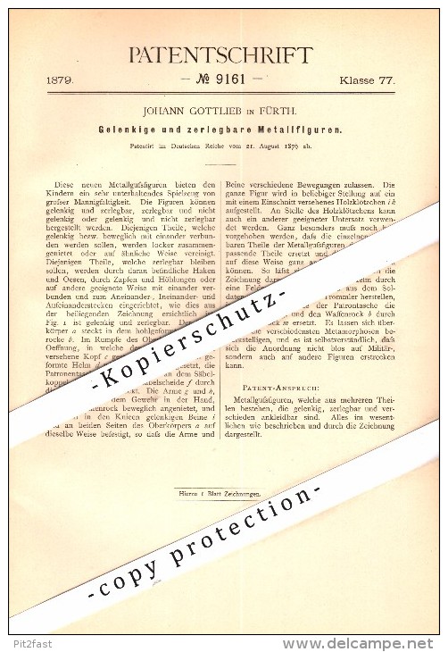 Original Patent - Zerlegbare Metallfiguren , Soldaten , 1879 , Johann Gottlieb In Fürth , Zinnfiguren !!! - Zinnsoldaten