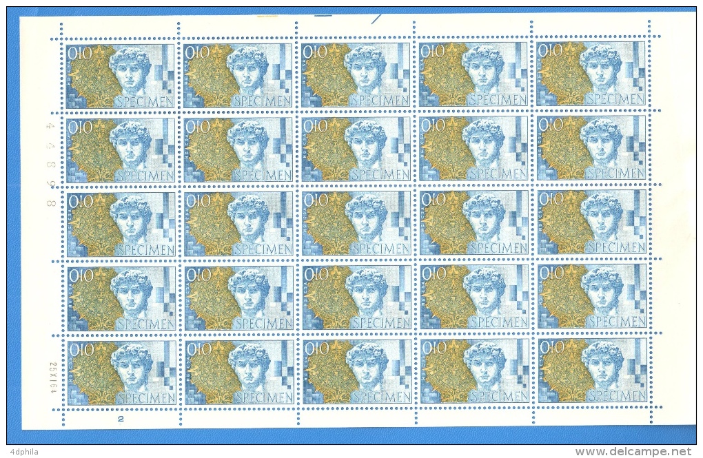 SWITZERLAND 1964 David - Blue/Yellow Sheet Of 25 Dummy Stamps - Specimen Essay Proof Trial Prueba Probedruck Test - Errors & Oddities