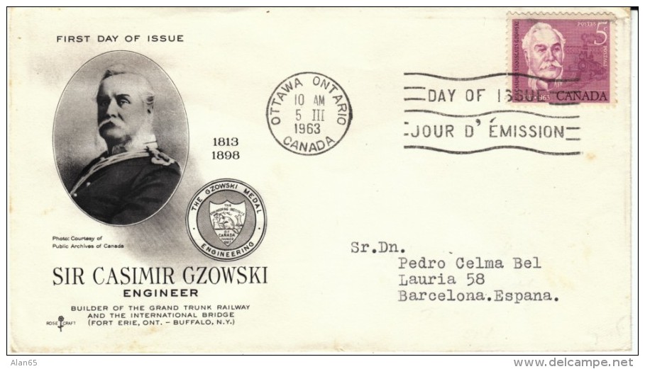 Sir Casimir Gzowski Engineer Builder, 5-cent Canada Commemorative Stamp Issue, 5 March 1963 First Day Cover FDC - 1961-1970