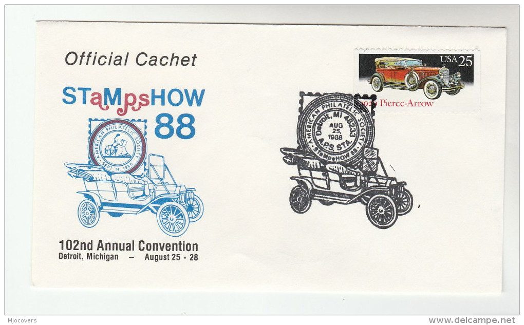 1988 DETROIT Stamp Show USA CARS Stamps EVENT COVER 1920s PIERCE ARROW CAR Philatelic Exhibition - Cars