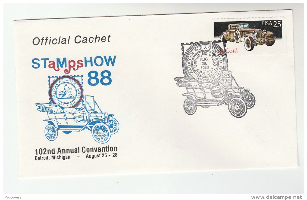 1988 DETROIT Stamp Show USA CARS Stamps EVENT COVER 1930s CORD CAR Philatelic Exhibition - Cars