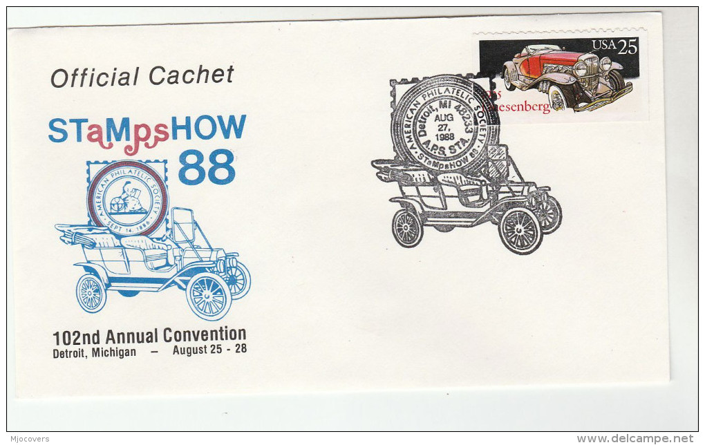 1988 DETROIT Stamp Show USA CARS Stamps EVENT COVER 1930s DUSENBURG CAR Philatelic Exhibition - Cars