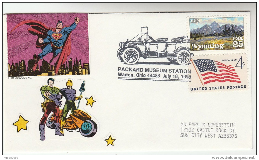 1993 USA Packard' CLASSIC CAR EVENT COVER  Cars Stamps With DC COMIC SUPERMAN LABEL - Covers & Documents