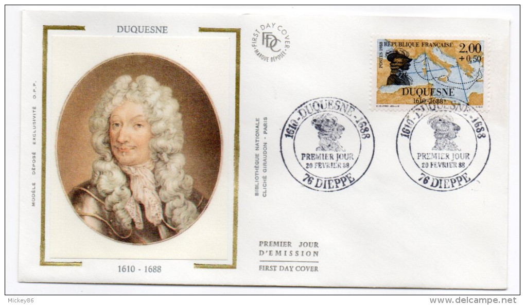 1988--enveloppe FDC Soie--Explorateurs--DUQUESNE--cachet  DIEPPE--76 - 1980-1989