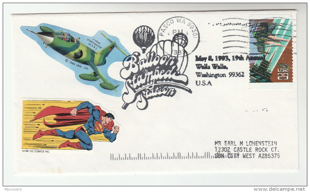 1993 WALLA WALLA  Special BALLOON STAMPEDE EVENT COVER 29c Space Fantasy Stamps USA Ballooning Superman Label - Other (Air)