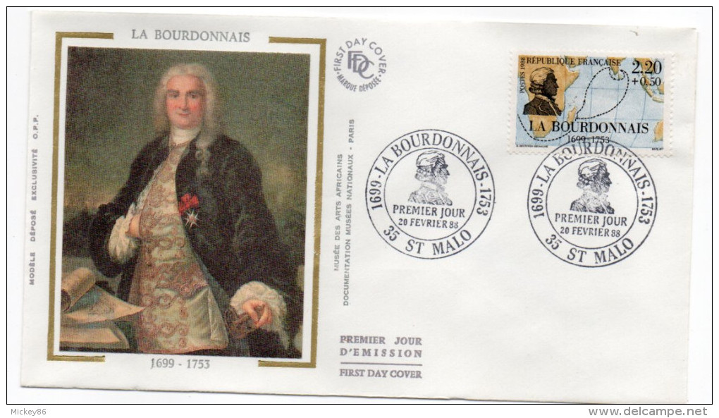 1988--enveloppe FDC Soie--Explorateurs--LA BOURDONNAIS -cachet  St MALO--35 - 1980-1989