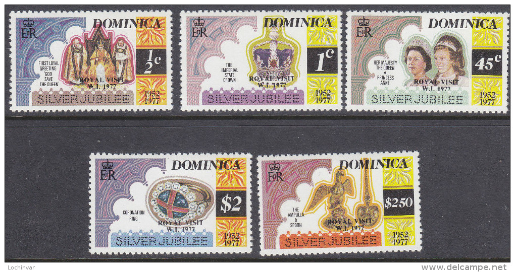 DOMINICA, 1977 JUBILEE O/PRINTED ROYAL VISIT 5 MNH - Dominique (...-1978)