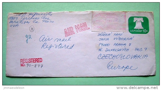 USA 1975 Registered Stationery To Czechoslovakia - Bell - Machine Franking - 1961-80