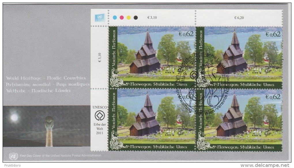 United Nations FDC Mi 717 UNESCO World Heritage Sites In Nordic Countries - Urnes Stave Church - Block Of 4 - 2011 - FDC