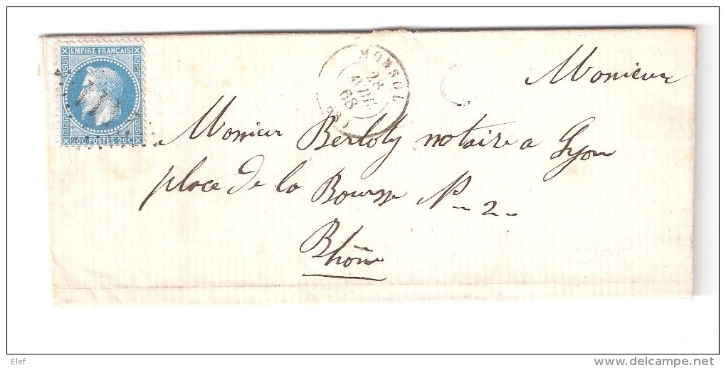 Lettre De MONSOL / Monsols , Rhône, Cachet De FACTEUR " OUROUX ", GC 2411 Sur N° 29, 28 Avril 1868 > Lyon - 1849-1876: Période Classique