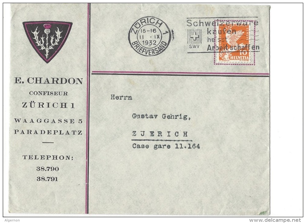 12699 - Lettre E. Chardon Confiseur Zürich Paradeplatz 11.091932 - Lettres & Documents