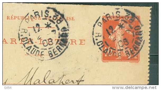 YVERT ENTIER 138 Cl1  - Oblitéré Cad Paris 38 R. Claude Bernard  En 1908- Malb5413 - 1906-38 Semeuse Camée