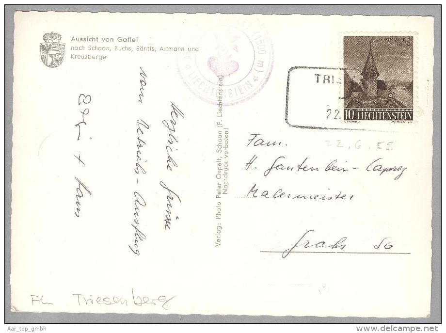 Heimat TRIESENBERG 1959-06-26 Aushilfsstemepl Auf Bedarfs-AK Nach Grabs - Briefe U. Dokumente