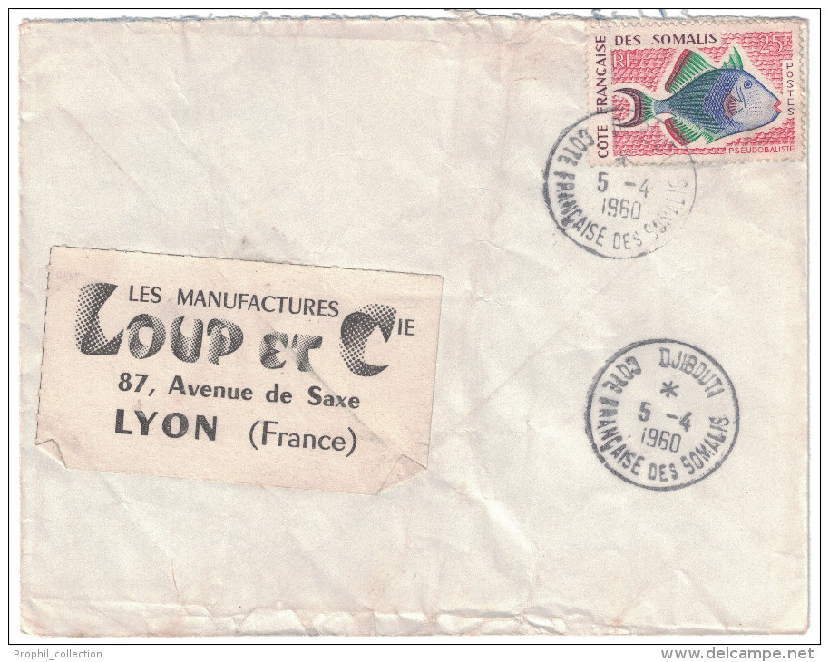 Cote F. Somalis - Lettre Avion 1960 Cad Manuel DJIBOUTI Timbre 25F Poisson Pseudobaliste Pour Lyon France - Somalia (1960-...)