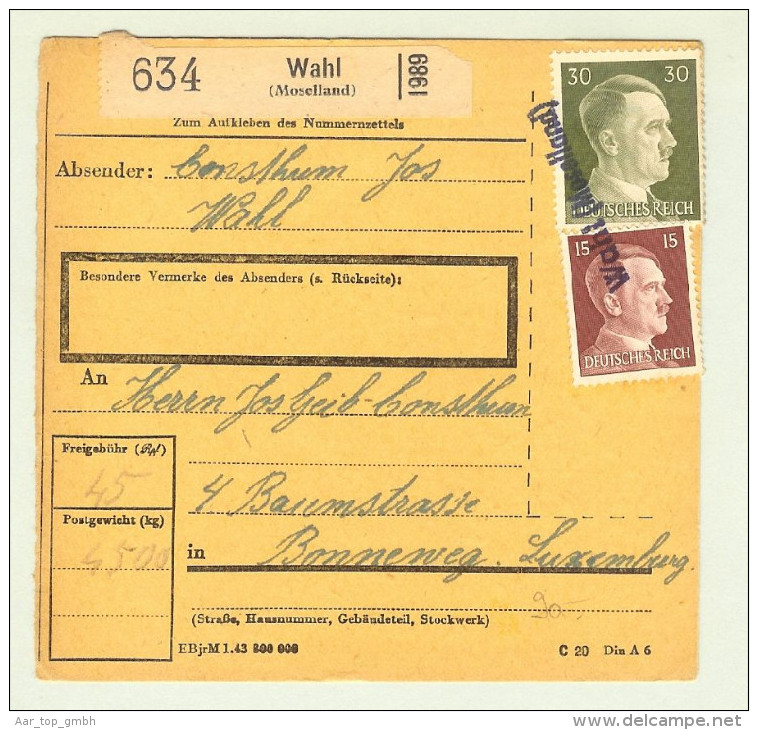 Heimat Luxemburg Wahl Lang-O 194? Paketkarte DR-Marken - 1940-1944 Occupation Allemande