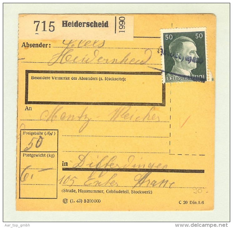 Heimat Luxemburg Heiderscheid Lang-O 1943-06-11 Paketkarte - 1940-1944 Occupation Allemande