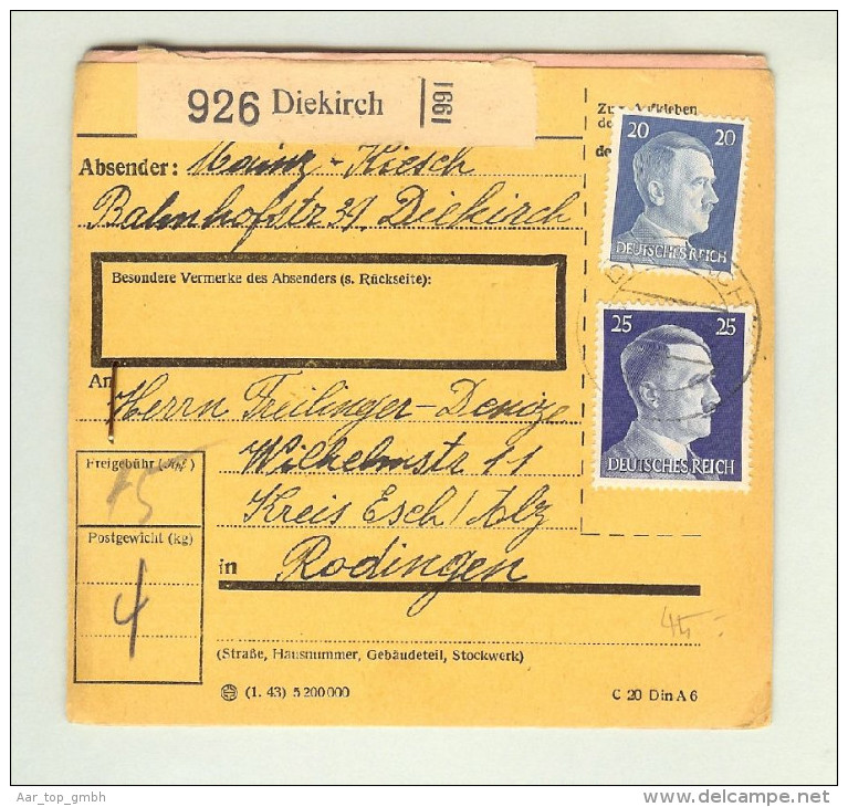 Heimat Luxemburg Diekirch 1943-06-25 Paketkarte DR-Marken - 1940-1944 Occupazione Tedesca