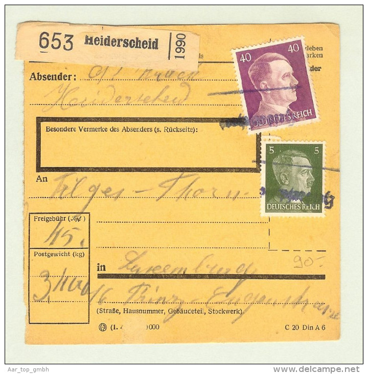 Heimat Luxemburg Heiderscheid ~194? Lang-O Paketkarte - 1940-1944 Occupazione Tedesca