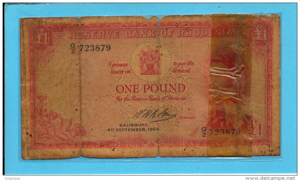 RHODESIA - 1 Pound -  04. 09.1964 - Pick 25 -  RRRRRRRRRR - Queen Elizabeth II - 2 Scans - Rhodesia