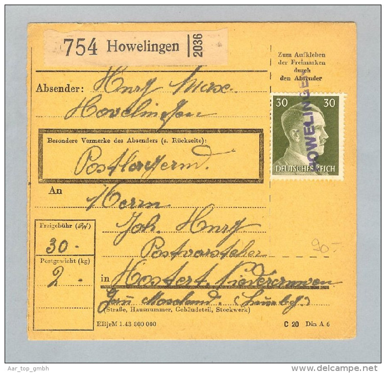 Heimat Luxemburg Howelingen 1943-08-18 Paketkarte DR-Marken - 1940-1944 Occupazione Tedesca