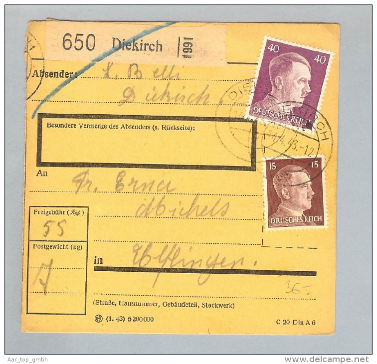 Heimat Luxemburg Diekirch 1943-04-14 Paketkarte DR-Marken - 1940-1944 Occupazione Tedesca