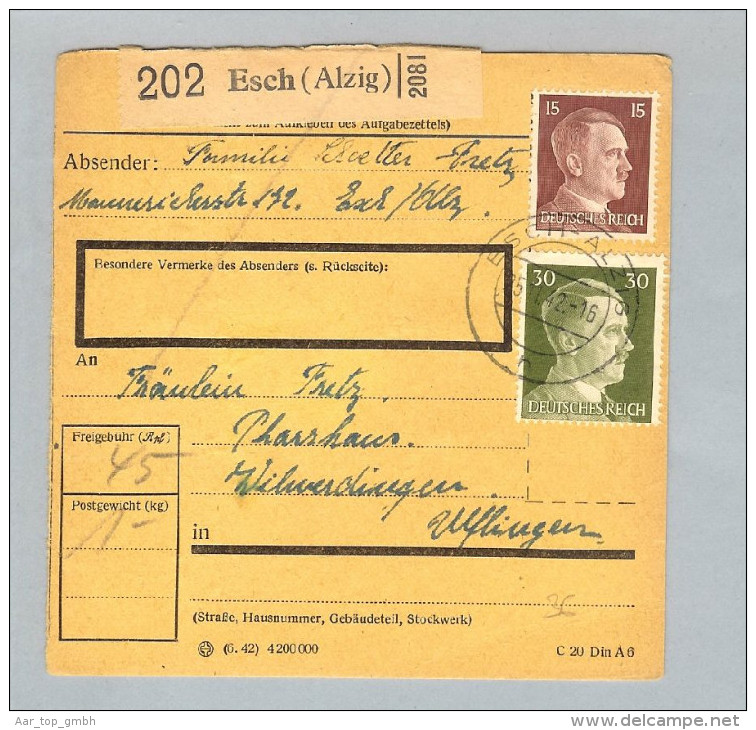 Heimat Luxemburg Esch(Alzig) 1942-11-25 Paketkarte DR-Marken - 1940-1944 Occupazione Tedesca