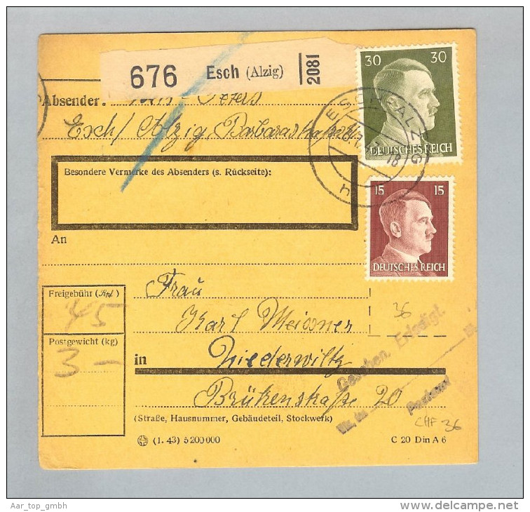 Heimat Luxemburg Esch (Alzig) 1943-07-23 Paketkarte DR-Marken - 1940-1944 Deutsche Besatzung