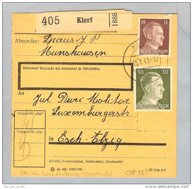 Heimat Luxemburg Klerf 1943-01-15 R-Paketkarte DR 45 Pf.frank. - 1940-1944 Duitse Bezetting