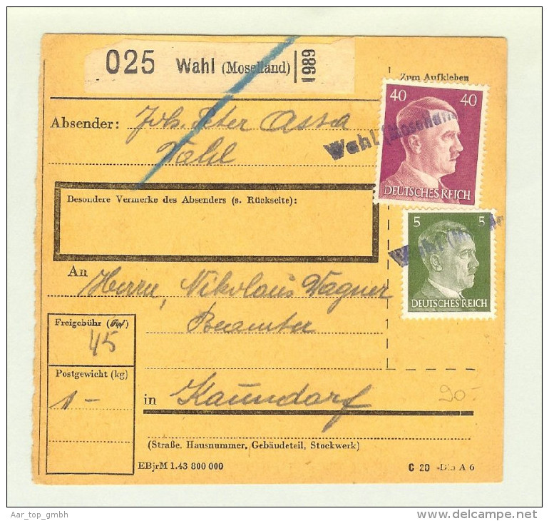 Heimat Luxemburg Wahl Lang-O 1944-07-11 Paketkarte DR-Marken - 1940-1944 Ocupación Alemana