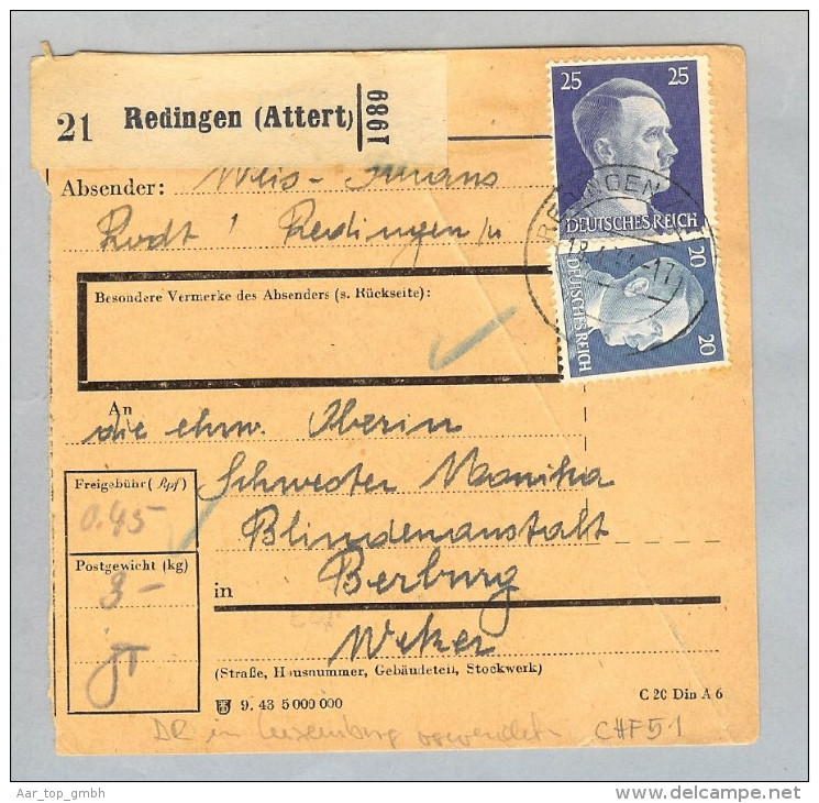 Heimat Luxemburg Redingen 1944-04-18 R-Paketkarte DR 45 Pf.fr. - 1940-1944 Occupation Allemande