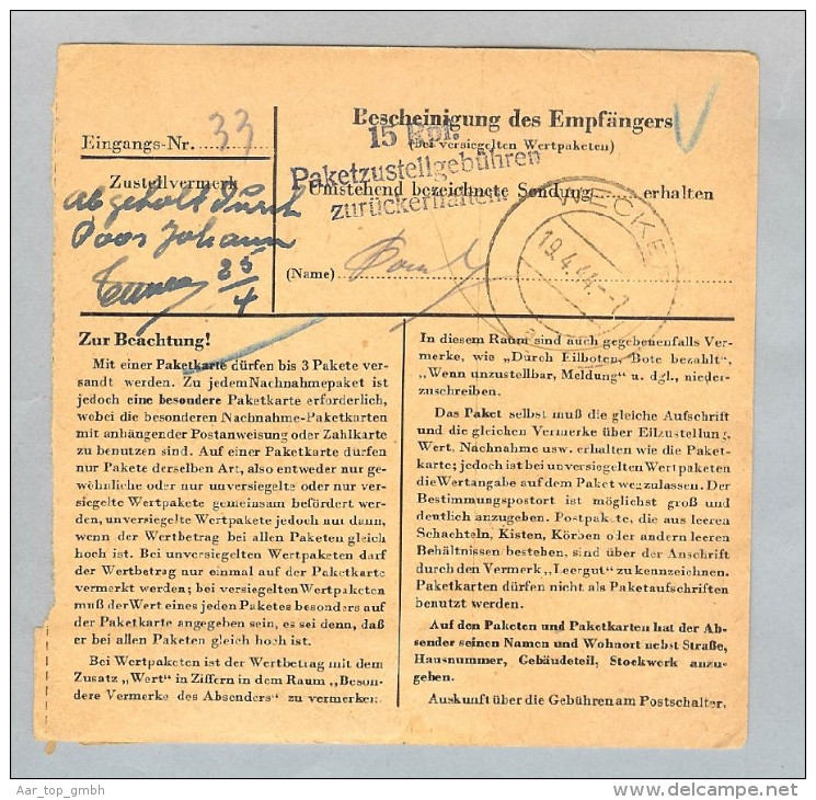 Heimat Luxemburg Redingen 1944-04-18 R-Paketkarte DR 45 Pf.fr. - 1940-1944 Occupation Allemande