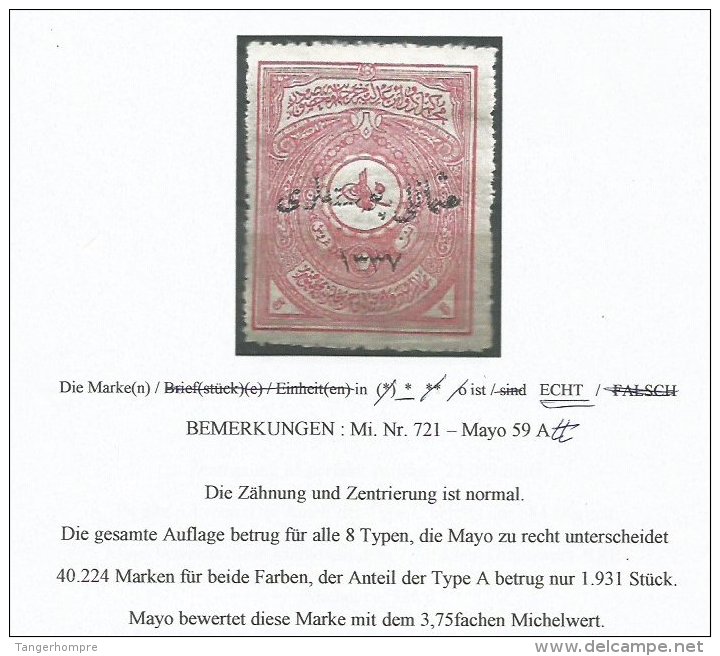 TURKEY , EARLY OTTOMAN SPECIALIZED FOR SPECIALIST, SEE...  Mi. Nr. 721 In Ungebraucht. Mayo 55 A Tt -RRR- - 1920-21 Anatolia