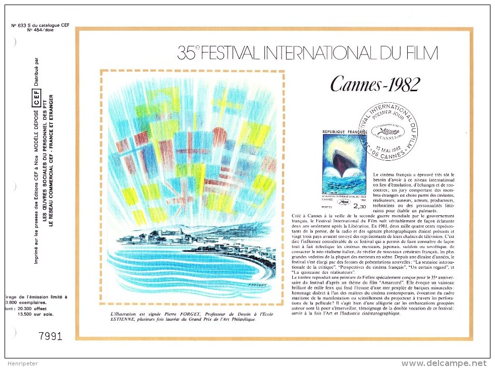 2212 (Yvert) Sur Feuillet 633 S Du Catalogue CEF (454 / Soie) - 35ème Festival International Du Film, à Cannes - 1982 - 1980-1989