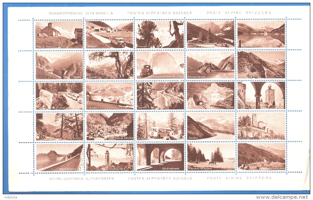SWITZERLAND 1958 Alpine Post - Brown Sheet Of 25 Dummy Stamps - Specimen Essay Proof Trial Prueba Probedruck Test - Variétés