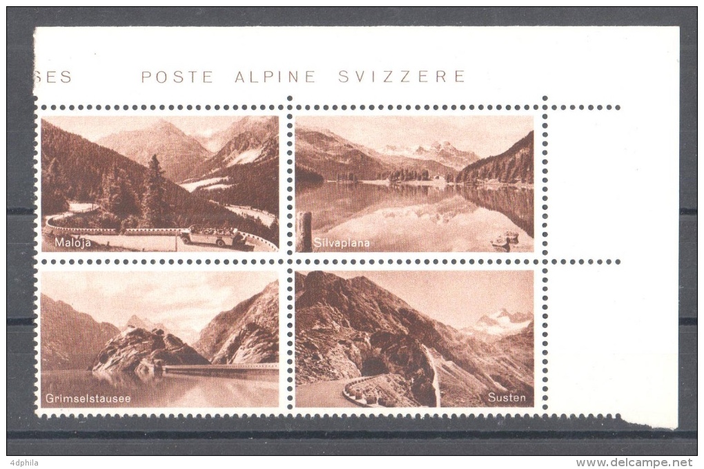 SWITZERLAND 1958 Alpine Post - Brown Block Of 4 Dummy Stamps - Specimen Essay Proof Trial Prueba Probedruck Test - Plaatfouten