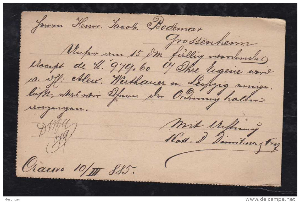 Rumänien Romania 1885 Uprated Stationery CRAIOVA To GROSSENHEIM Germany - Briefe U. Dokumente