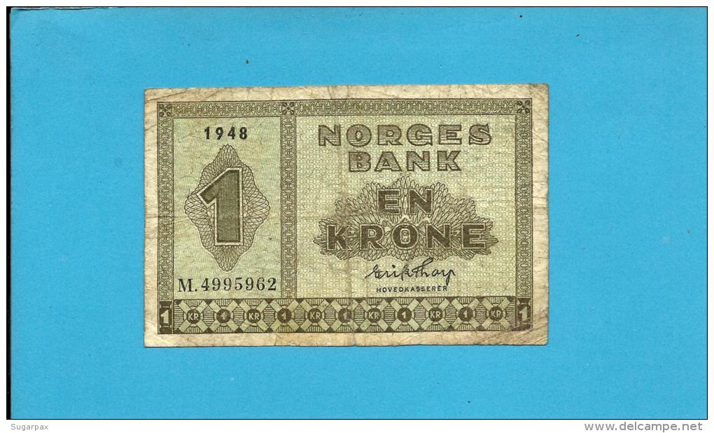 NORWAY -  1 KRONE - 1948 - Pick 15.b - Prefix M - 2 Scans - Norvegia