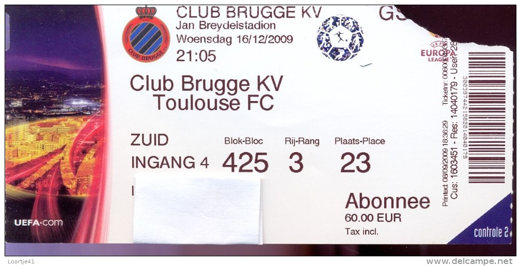 Ticket Voetbal Club Brugge KV - Toulouse FC - UEFA Europa Ligue - 2009 - Biglietti D'ingresso