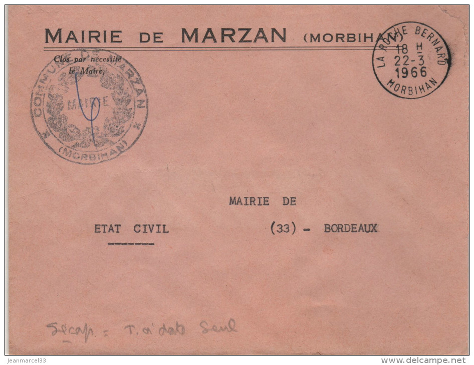 Lettre Empreinte Machine Sécap  La Roche-Bernard 22-3 1966 " Timbre à Date Seul " - Briefe U. Dokumente