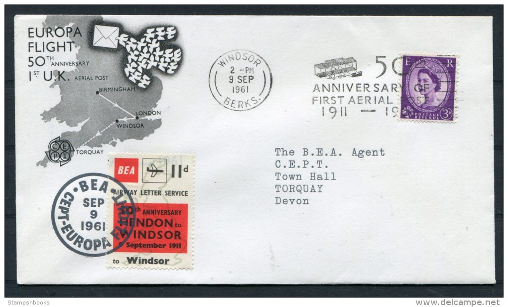 1961 GB Windsor BEA Airway Letter Service Private Stamp Hendon - Windsor CEPT Europa Flight Cover - Torquay - Airplanes