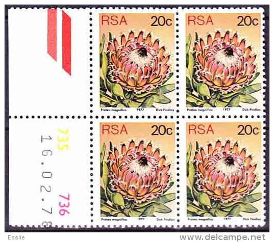 South Africa RSA - 1977 - 3rd Definitive, Third Definitive - Proteas, Protea, Flowers - Marginal Block Of 4 - Ongebruikt