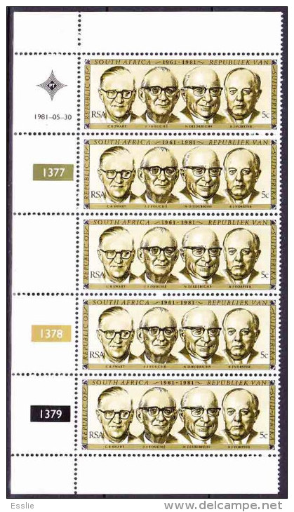 South Africa RSA -1981 - 20th Anniversary Of The Republic, Former Presidents - Control Blocks - Neufs